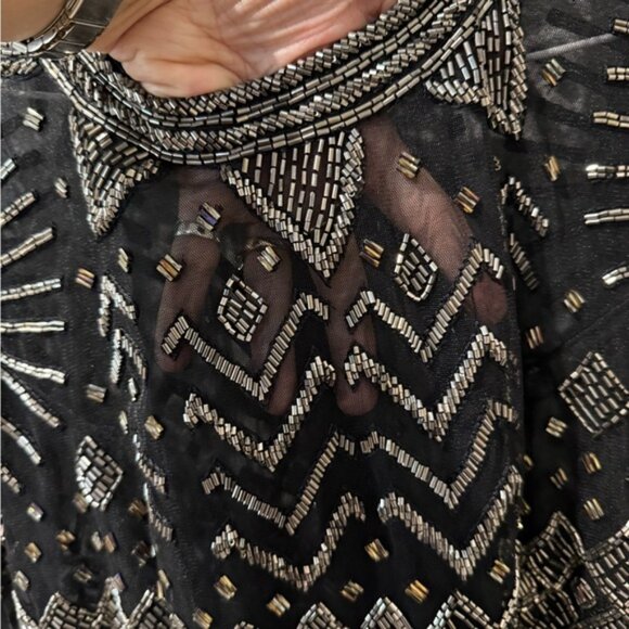 Katrina Grimaldi Black Long Sleeve Geometric Hand-Beaded Mini Cocktail Dress - Picture 5 of 9